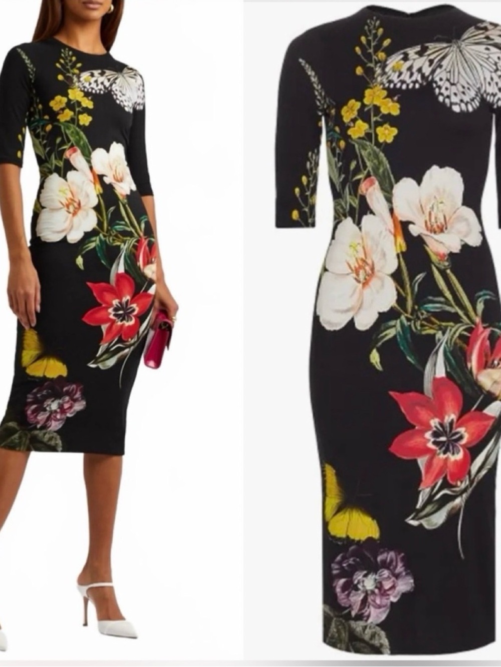 NEW Alice + Olivia Black Delora Floral Midi Dress with Black Floral design